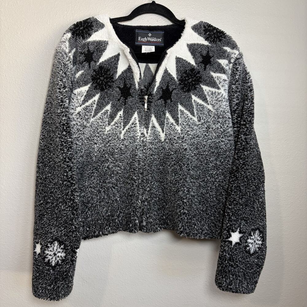 Vtg Early Winters Fleece Jacket Women Large Sherpa Full Zip Snowflake Fair Isle